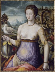 Fredsallegorin, eller Diane de Poitiers som håller en duva Porträtt av hertiginnan av Valentinois Diane de Poitiers (1499-1566), favorit hos kung Henrik II av Frankrike. Målning av School of Fontainebleau, XVI-talet. Florens, Museo Nazionale del Bargel