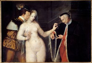Kvinnan mellan två åldrar Scen som föreställer en prostituerad uppvaktad av två män i olika åldrar. Målning av School of Fontainebleau. 1588 Rennes, Museum of Fine Arts