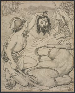 David och Goliath, Tecknad film för fönster i målat glas vid Jesus College, Cambridge, 1872. av Ford Madox Brown
