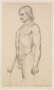 Manlig nakenbild - Akademisk studie, nakenbild i trekvartslängd, med mustasch och knutna nävar av Ford Madox Brown