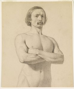 Manlig nakenbild - Akademisk nakenstudie, halvlängd med mustasch och armarna knäppta av Ford Madox Brown