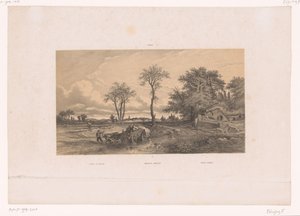 Gårdsvagn med oxar i ett ungerskt landskap Landskap i Ungern / Ungarische Landschaft / Paisage Húngaro (titel på objekt) Figurer i ett landskap (serietitel)