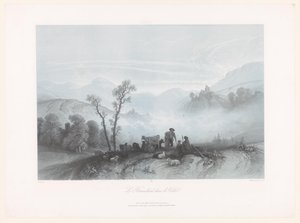 Herdar med kor och får i en dimmig dal Le Brouillard dans la Vallée (titel på objekt) av Fortuné Ferogio
