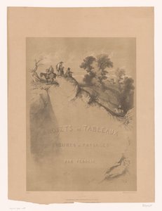Titeltryck med klipplandskap och resenärer längs en ravin Landskaps- och figurstudier av Férogio (serietitel) Projets de tableaux de figures et paysages, par Férogio (serietitel på objekt)