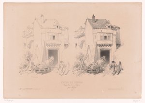 Lastbilschaufför med häst och vagn vilar vid en grind Ritkurs med studier av landskap, djur och detaljer (serietitel) Kurs designen. Paysages, figurer, animaux, tillbehör, av Férogio (serietitel på objekt)