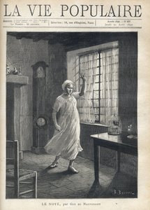 En kvinna i skjorta och nattmössa, med ansiktet fullt av rädsla, sorgsna ögon och upphöjd hand, ställer sig barfota framför fönstret i sitt hus, genom vilket man ser båtarnas mattor. Inuti en klocka, en fågelbur och små möbler. Illustration av av Fortune Louis Meaulle