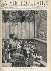 En kvinna mitt i en grupp barn applåderar en dockteater (Guignol). Illustration av Fortune Meaulle av Montegut för "The peasant" av Paul Arene (1843-1896). Gravyr i "La vie populaire" av Fortune Louis Meaulle