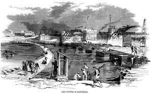 Efter branden av bron i Asnieres under belägringen av Paris 1870 installerades en båtbro (båtbro) - på denna gravyr av Meaulle (cirka 1870), en annan träkonstruktion bredvid bron detruit - Commune de Paris - av Fortune Louis Meaulle