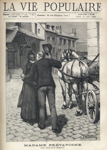 En pigg och livlig ung man, som kommer ut ur en bil som åker på stentorget i en provinsstad, omfamnar ivrigt sin gamla mor, värdig, beslöjad och klädd i svart, och lyfter på halva sin runda hatt. Illustration av E. Vulliemin för Madame Pretavoine av Hecto av Fortune Louis Meaulle