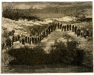 Carnac menhir alignments. Teckning av Victor Hugo grav av Meaulle. Utdrag ur Hugos text (En voyage en Bretagne av Fortune Louis Meaulle