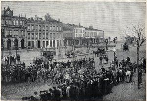 Avresa från cykelloppet Bordeaux-Paris (Bordeaux Paris) 1891 - gravyr av Meaulle från 1891 av Fortune Louis Meaulle