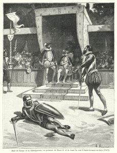 Duell mellan Guy Cabot de Jarnac och Francois de Vivonne, Seigneur de la Chataigneraie framför kung Henrik II av Frankrike och hela hans hov i St Germain-en-Laye