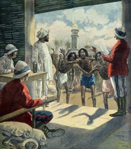 Hinduer ber engelsmännen om hjälp under den stora hungersnöden 1896 - 1897 (Gravyr) av Fortune Louis Meaulle