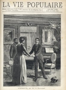 I ett borgerligt vardagsrum reser sig en man nederbörd mot husets älskarinna och tar tag i hennes händer, släpper hatten på golvet, under en annan mans häpnadsväckande blick. Illustration av Bernard Borione (1865-1800-talet), för testet av Guy av Fortune Louis Meaulle
