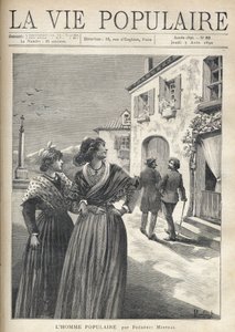 På gatorna i en by i Provence vänder två vackra kvinnor i provensalska klänningar sig tillbaka till gatan för att konfrontera en man som självsäkert vänder sig mot deras ögon. Illustration av Montegut för The Popular Man av Frederic Mistral (1830-1914). Gr av Fortune Louis Meaulle