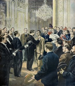 Louis Barthou dekorerar kusken Georges, räddaren av bazar de la charite ,1897 (Gravyr) av Fortune Louis Meaulle