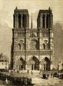 Notre Dame de Paris (Notre-Dame) år 1482: västra fasaden och parvis. Gravyr av F. Meaulle, efter en teckning av Viollet le Duc (Viollet-le-Duc) som illustrerar romanen med samma namn av Victor Hugo, edition Ollendorff början av 1900-talet. Längst ner till  av Fortune Louis Meaulle