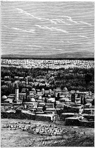 Syrien: Damaskus omkring 1900 - muslimsk kyrkogård - gravyr av Meyer och Meaulle från boken "A l