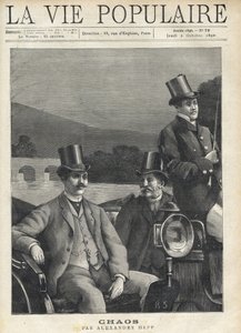Två män i kostym och hög hatt satt upp i ett hästhak, ledda av en kusk. De är på väg längs en flod. Illustration för kaos av Alexandre Hepp (1857-1924). Gravyr av Fortune Meaulle (1844-1901) av Fortune Louis Meaulle