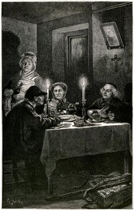 Victor Hugo "Les Miserables" Illustration av Lix graverad av Meaulle: Forcat och Eveque. Jean Valjean, till vilken eveque Myriel erbjöd sjukhuset, kommer att begå sin sista flykt: hans värds silverbestick. På bordet står de två silverljusstakarna av Fortune Louis Meaulle