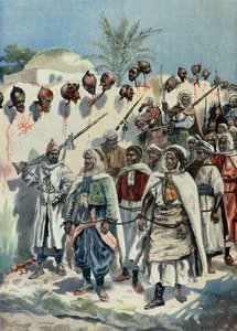 fängslade marockanska rebeller passerar förbi sina kamraters avhuggna huvuden 1897 (Gravyr) av Fortune Louis Meaulle