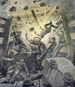 En gasexplosion, illustration från den illustrerade bilagan till Le Petit Journal, 2 april 1892. av Fortune Louis Meaulle and Henri Meyer