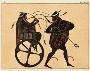 Tryck av dekorationen på en grekisk amfora, visar Triptolemus och Hermes, ca. 1858 (akvarell och kroppsfärg över litho på vävt papper) av Fourquemin Fourquemin