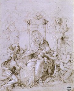 Madonna och barn på tronen med Johannes Döparen presenterad av en ängel och St. Monica (penna och bläck på papper) av Fra Bartolomeo