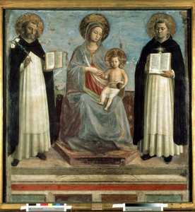 ""Madonna och barn omgiven av Saint Dominic de Guzman (1170-1221), grundare av Dominikanerorden och Saint Thomas Aquinas (1225-1274) kyrkans läkare"" (Jungfrun och barnet med Sts Dominic och Thomas Aquinas) Valpsjuka på mistelträ