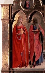 Jungfru och barn på tronen med fyra änglar, detalj av Johannes evangelisten och Maria Magdalena, från Polittico di San Domenico (detalj av 43910) av Fra (c.1387 1455) Angelico