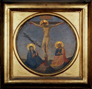 Kristi korsfästelse mellan Jungfrun och Maria Magdalena (målning) av Fra  Angelico