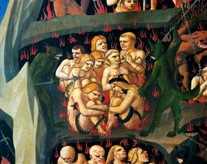 Helvete med demoner som straffar lättja, detalj från Last Judgment av Giovanni da Fiesole, känd som Fra Angelico (1400-cirka 1455), tempera på trä