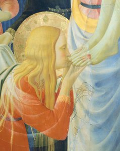 Maria Magdalena kysser Jesu fötter, detalj från Deposition from Cross or Altarpiece of Holy Trinity, ca 1432, av Giovanni da Fiesole känd som Fra Angelico (1400-cirka 1455), tempera på trä