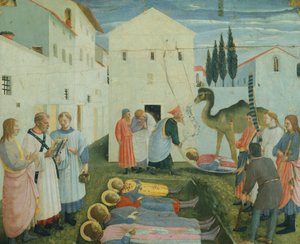 The Burial of Saints Cosmas and Damian, predella-bilder som skildrar historien om Saint Cosmas och Saint Damian av San Marco Altartavla, cirka 1443 (tempera på trä)