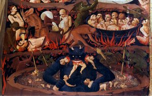 Den sista domen: detalj i underjorden. Förbannelser i de infernaliska kretsarna, tortyr av demoner. Detalj av en detrempe på trä av Guido di Pietro (eller Fra Giovanni da Fiesole) dit Fra Angelico eller il Beato (1387-1455)