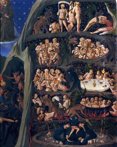Den sista domen: helvete. Förbannelsernas själar utsatta för tortyr i helvetets kretsar. Djävulen på nedervåningen har en av dem. Målning av Guido di Pietro (eller Fra Giovanni da Fiesole) dit Fra Angelico ou il Beato (1400-1455)