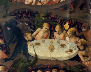 Den sista domen: jävlarna blir illa behandlade av demoner i underjorden. Målning av Guido di Pietro (eller Fra Giovanni da Fiesole) dit Fra Angelico ou il Beato (1400-1455)
