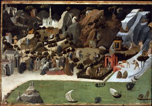 Thebaide - Scener från ökenfädernas liv (Thebaid) - Målning av Fra Giovanni (Guido di Pietro) av Fra Angelico (1387-1455) - 1420 - Tempera på panel - 73,8x1 cm - Konstmuseum, Budapest
