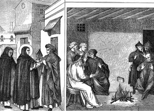 Alibgensiskt kätteri. St Dominic ger en bok som bekänner den "sanna" kristna tron till ett albigensiskt sändebud. Kastas i eld, förtärs boken inte av lågor, medan boken om kätterska albigenserna är det. Gravyr efter predella av kröning av Vi