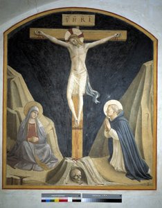 Korsfästelse med jungfru Maria och Saint Dominic. Inskription "INRI" på korset 1442 av Fra Angelico