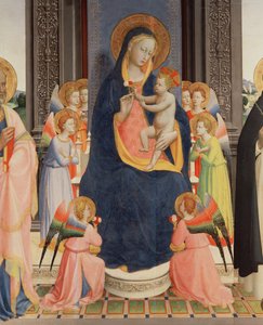 Detalj från Politico Di San Domenico som visar Jungfrun och barnet på tronen med åtta änglar, ca 1422 (tempera på panel) (se även 43912, 238446) av Fra Angelico