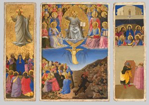 Italienska: Trittico (Ascensione, Giudizio Universale, Pentecoste) Triptyk med den yttersta domen, himmelsfärden och pingsten av Fra Angelico