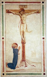 Korsfästelsen med Saint Dominic. Inskriptionen ""INRI"" på korset. Fresk av Guido di Pietro av Fra Angelico