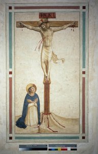 Korsfästelsen med Saint Dominic. Inskriptionen ""INRI"" på korset. Fresk av Guido di Pietro av Fra Angelico