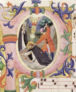 Missal 558 f.68v Historiserad initial "P" som visar mordet på den helige Petrus martyren. av Fra Angelico
