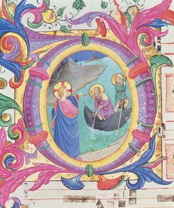 Missal 558 f.9r Historikert initial O som visar det mirakulösa draget av fiskar (detalj av 88928) av Fra Angelico