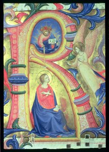 Ms 558 f.33v Bebådelsen avbildad i en historisk initial R, detalj från ett missal, tidigt 1430-tals velängdetalj av 88932 av Fra Angelico