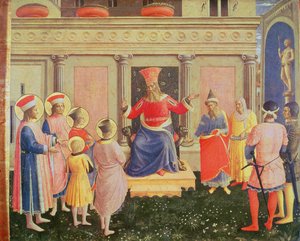 De heliga Cosmas och Damian och deras bröder inför prokonsuln Lysias, från predella av San Marco altartavla, 1438-40 (tempera på panel) av Fra Angelico