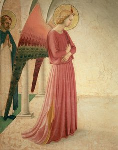 Bebådelsen, detalj om ängeln Gabriel och St. Peter martyren, fresk från 1442, se 72388