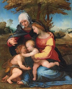 Madonnan och barnet i ett landskap med Saint Elizabeth och spädbarnet Saint John the Baptist, 1516